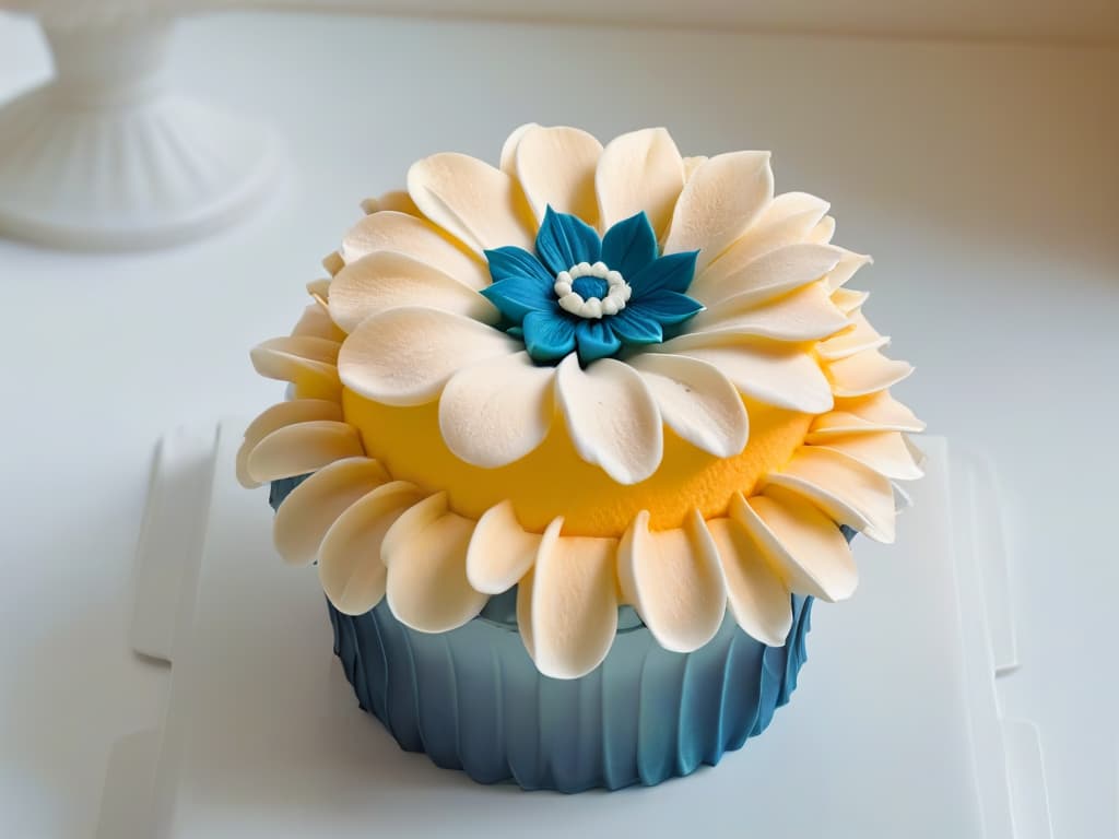  A closeup, ultradetailed image of a delicate, intricately designed sugar flower atop a perfectly frosted cupcake. The flower is crafted with precision, showcasing each petal's unique texture and the subtle gradient of colors. The cupcake sits on a clean, white background, emphasizing the artistry and creativity in confectionary design. hyperrealistic, full body, detailed clothing, highly detailed, cinematic lighting, stunningly beautiful, intricate, sharp focus, f/1. 8, 85mm, (centered image composition), (professionally color graded), ((bright soft diffused light)), volumetric fog, trending on instagram, trending on tumblr, HDR 4K, 8K