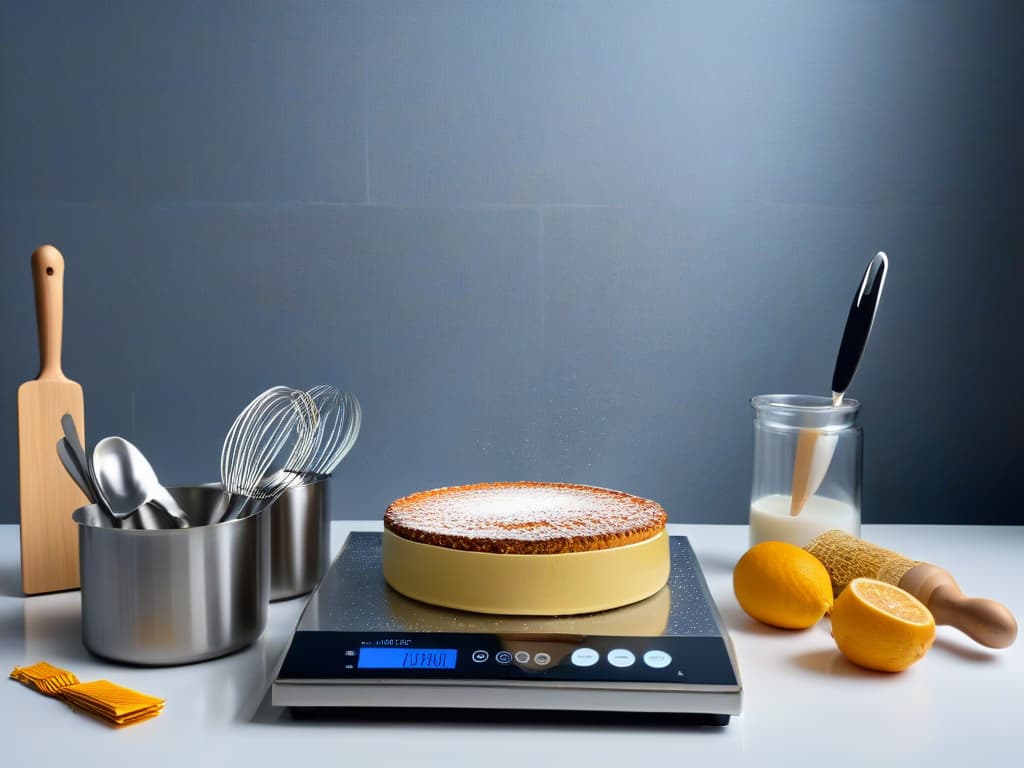  A highresolution image of a sleek, modern kitchen countertop adorned with an array of cuttingedge, metallic baking utensils neatly arranged. The utensils include a digital kitchen scale, a precision measuring spoon set, a silicone pastry brush, a stainless steel whisk, and an adjustable rolling pin. The image showcases the utensils in a stylish and minimalistic manner, emphasizing their innovative design and functionality, perfect for the article discussing the latest baking trends and tools for 2022. hyperrealistic, full body, detailed clothing, highly detailed, cinematic lighting, stunningly beautiful, intricate, sharp focus, f/1. 8, 85mm, (centered image composition), (professionally color graded), ((bright soft diffused light)), volumetric fog, trending on instagram, trending on tumblr, HDR 4K, 8K