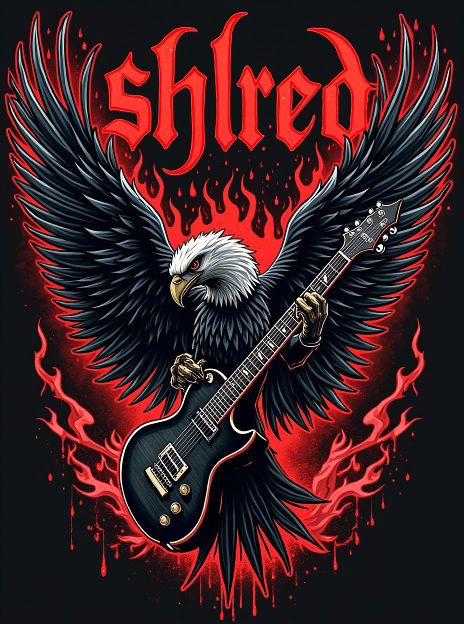  good quality, high quality, death metal shirt design. there are designs related to twitch streaming, metal music, the guitar is a wylde audio blood eagle. the word "shred on top of the design