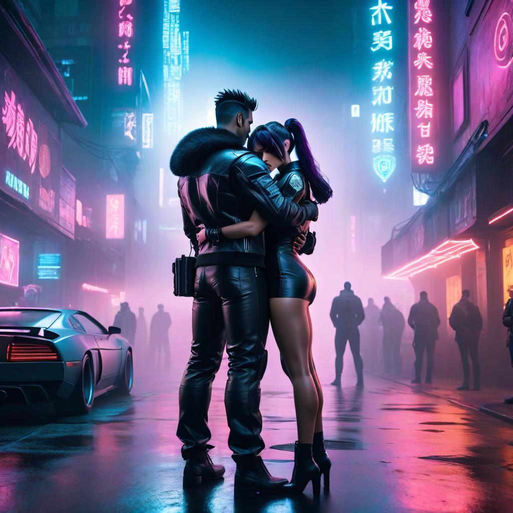  cyberpunk background, girls, boy, duo, hugging, glowing eyes, fangs, callie hyperrealistic, full body, detailed clothing, highly detailed, cinematic lighting, stunningly beautiful, intricate, sharp focus, f/1. 8, 85mm, (centered image composition), (professionally color graded), ((bright soft diffused light)), volumetric fog, trending on instagram, trending on tumblr, HDR 4K, 8K