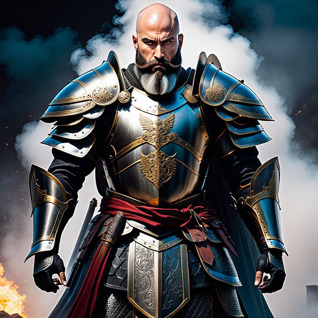  manga style Bald bearded warrior in knight's armor, without a helmet . vibrant, high energy, detailed, iconic, Japanese comic style hyperrealistic, full body, detailed clothing, highly detailed, cinematic lighting, stunningly beautiful, intricate, sharp focus, f/1. 8, 85mm, (centered image composition), (professionally color graded), ((bright soft diffused light)), volumetric fog, trending on instagram, trending on tumblr, HDR 4K, 8K