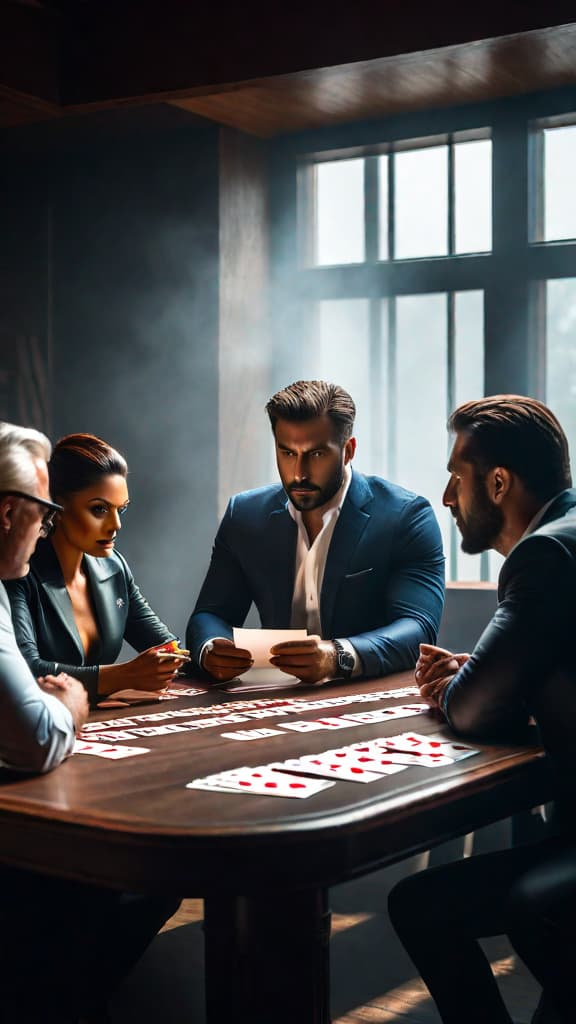  In a dimly lit room, a group of strangers sits around a table, tense and apprehensive. Each of them is holding a set of cards. Their expressions betray a mix of determination and nervousness. hyperrealistic, full body, detailed clothing, highly detailed, cinematic lighting, stunningly beautiful, intricate, sharp focus, f/1. 8, 85mm, (centered image composition), (professionally color graded), ((bright soft diffused light)), volumetric fog, trending on instagram, trending on tumblr, HDR 4K, 8K