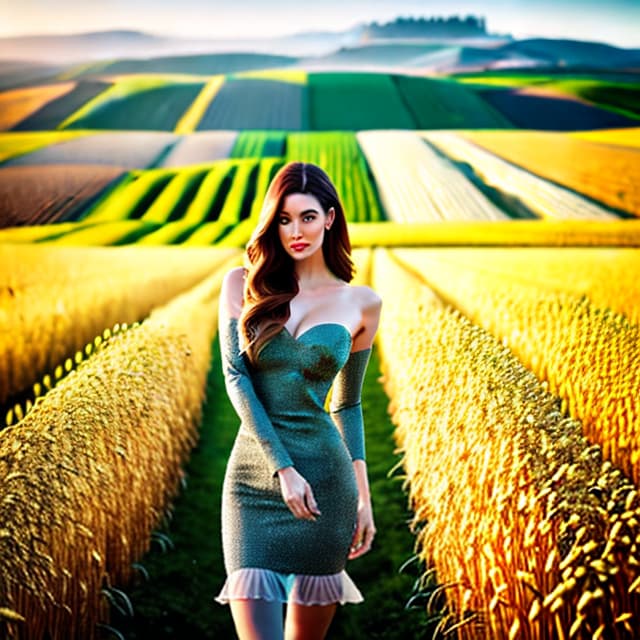  Real, full -body photos, youthful sense, look at the camera, model, runway, wheat field, follow the perspective hyperrealistic, full body, detailed clothing, highly detailed, cinematic lighting, stunningly beautiful, intricate, sharp focus, f/1. 8, 85mm, (centered image composition), (professionally color graded), ((bright soft diffused light)), volumetric fog, trending on instagram, trending on tumblr, HDR 4K, 8K
