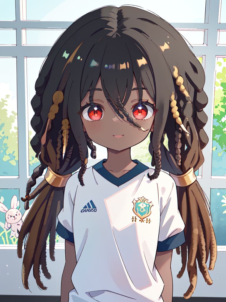  ultra detailed:1.2,masterpiece:1.2,best quality,masterpiece,bestquality,hdr:1.1,8k:1.1,very cute girl:1.3,black hair ,short hair:1.3,(dreadlocks:1.6),dark skin:1,red eyes:1.3,smile:1.3,upper body:1.3,cute eyes:1.7,eyes highlight:1.7,close mouth:1.3,white gym uniform,training, masterpiece, best quality,8k,ultra detailed,high resolution,an extremely delicate and beautiful,hyper detail