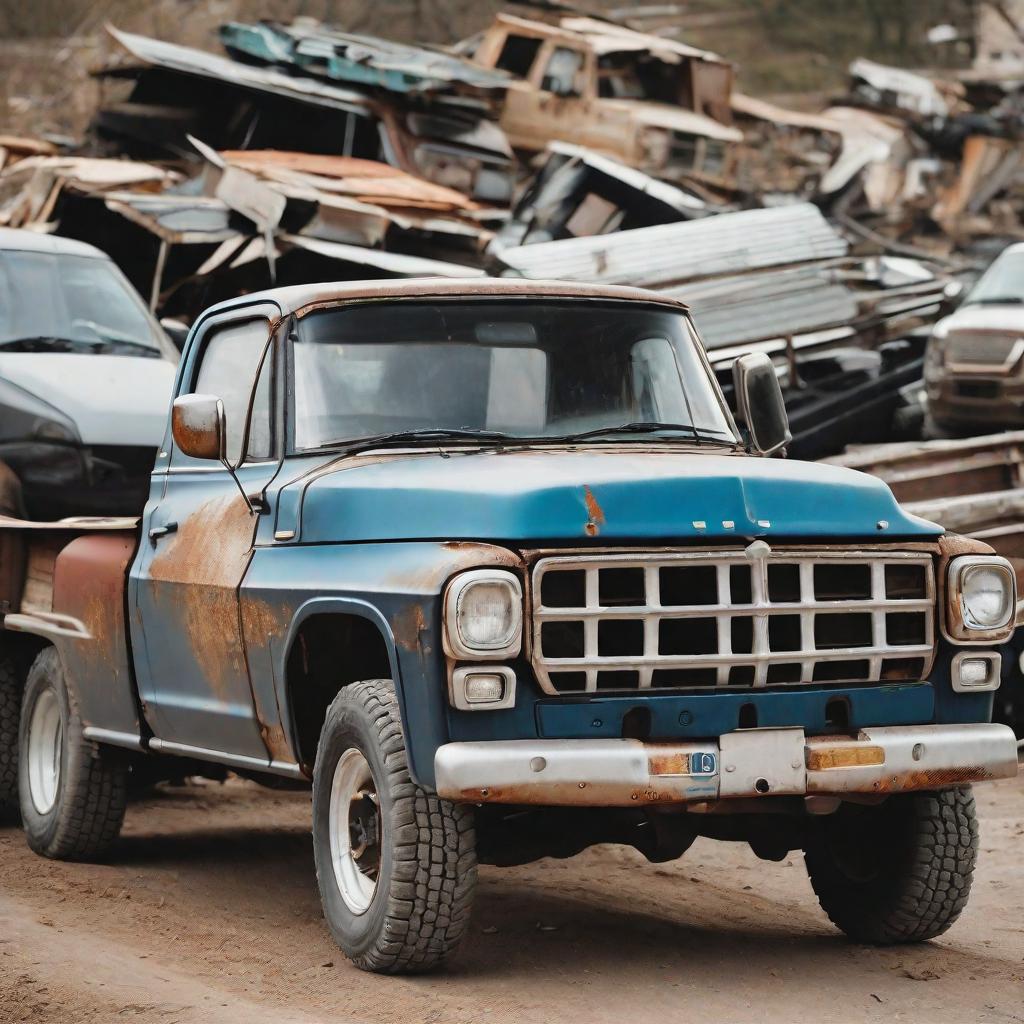  masterpiece, best quality, a battered pickup truck driving on the road a battered pickup truck.