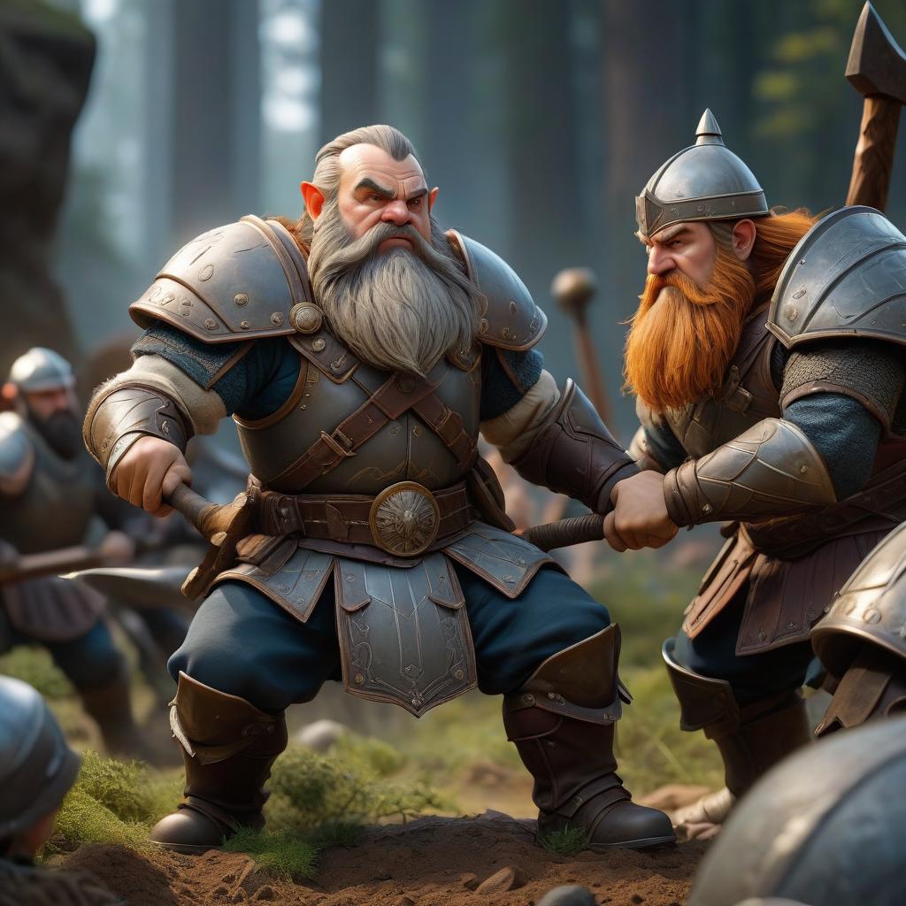  The dwarf artist, in his armor, is engaged in battle and his opponent beats him on the head with a hammer, driving the dwarf into the ground. hyperrealistic, full body, detailed clothing, highly detailed, cinematic lighting, stunningly beautiful, intricate, sharp focus, f/1. 8, 85mm, (centered image composition), (professionally color graded), ((bright soft diffused light)), volumetric fog, trending on instagram, trending on tumblr, HDR 4K, 8K