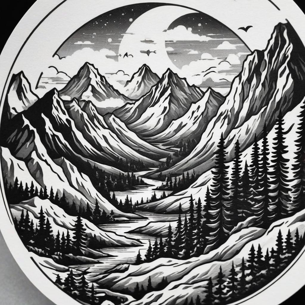  mountains, black and white, vector drawing, tattoo sketch, yin yang inside mountains, mountains inside camera lens, tattoo sketch lens, STICKER hyperrealistic, full body, detailed clothing, highly detailed, cinematic lighting, stunningly beautiful, intricate, sharp focus, f/1. 8, 85mm, (centered image composition), (professionally color graded), ((bright soft diffused light)), volumetric fog, trending on instagram, trending on tumblr, HDR 4K, 8K