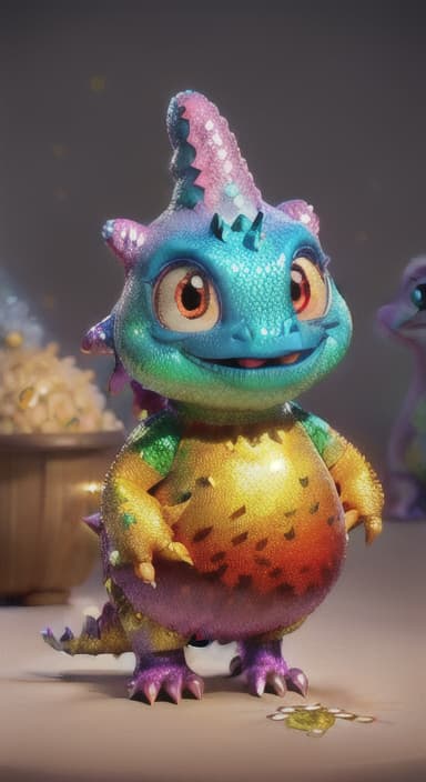  {A sparkly dinosaur with glittery scales standing next to a big pot of steaming jollof rice., Shiny Dino has glittery, multicolored scales that sparkle in the sunlight. It has big, friendly eyes and a happy, wide smile, with small arms perfect for stirring pots. Shiny Dino wears a playful, polka dotted apron and a tiny chef's hat.