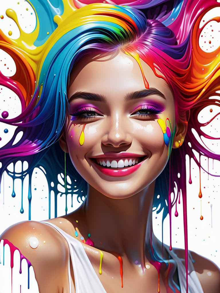  dreamscape masterpiece, best quality, girl, Impactful composition, dripping neon heat splash paint across the shape of a smiling girl with multi-colored hair,, realistic , high detail, white background. body shoot . surreal, ethereal, dreamy, mysterious, fantasy, highly detailed