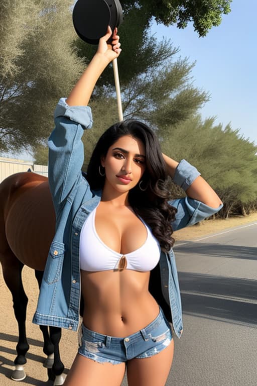  Middle eastern female posing with horse, denim shorts