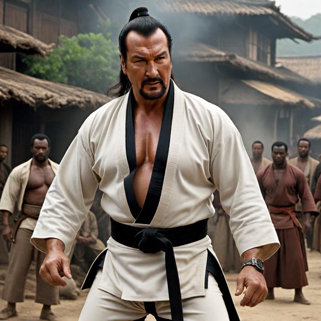  Steven Seagal fighting Jamaican men in a dynamic action scene, inspired by 'Marked for Death' movie. The image should reflect the intensity of a fight sequence, with Steven Seagal showcasing his aikido skills against adversaries in a gritty, realistic setting. hyperrealistic, full body, detailed clothing, highly detailed, cinematic lighting, stunningly beautiful, intricate, sharp focus, f/1. 8, 85mm, (centered image composition), (professionally color graded), ((bright soft diffused light)), volumetric fog, trending on instagram, trending on tumblr, HDR 4K, 8K