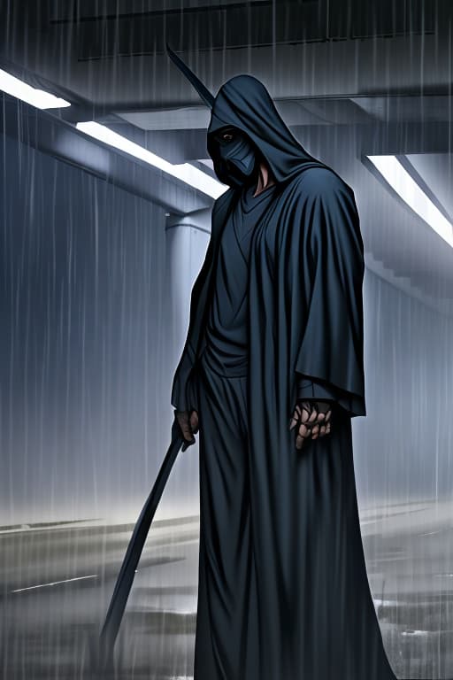  A-TaK, Tall, standing under freeway light, heavy rain, dressed like grim reaper, white mask, Grendel type