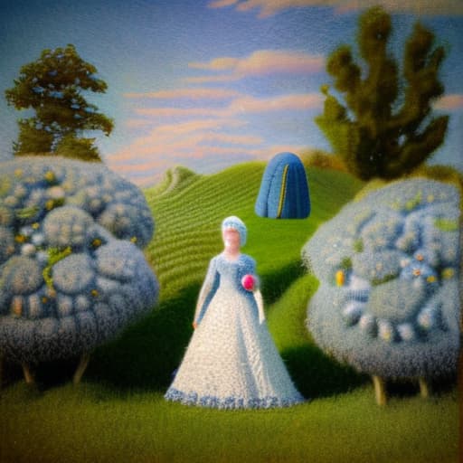 wa-vy style Tall grass and queen Anne’s lace. Lady’s dressed in white cotton Victorian style dresses carrying Parasols orange poppies are growing in the field sky is blue with white clouds sun is streaming down looks like impressionistic painting vivid color dream like