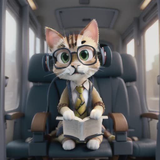  Realistic image of a cat wearing headphones and reading glasses while riding a bus. hyperrealistic, full body, detailed clothing, highly detailed, cinematic lighting, stunningly beautiful, intricate, sharp focus, f/1. 8, 85mm, (centered image composition), (professionally color graded), ((bright soft diffused light)), volumetric fog, trending on instagram, trending on tumblr, HDR 4K, 8K