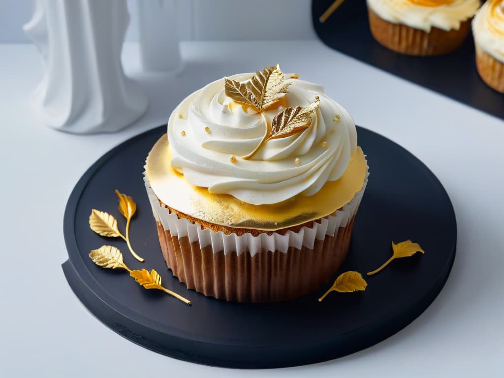  A closeup, ultradetailed image of a delicate, perfectly frosted cupcake adorned with a single shimmering gold leaf, resting on a sleek, matte black plate. The frosting swirls are intricate and precise, showcasing the craftsmanship and artistry of local bakeries. The gold leaf adds a touch of elegance and luxury to the otherwise minimalistic composition, drawing the viewer's eye to the center of the image. The lighting is soft and highlights the texture of the frosting, creating a visually captivating and mouthwatering aesthetic that perfectly complements the informative yet inspirational tone of the article. hyperrealistic, full body, detailed clothing, highly detailed, cinematic lighting, stunningly beautiful, intricate, sharp focus, f/1. 8, 85mm, (centered image composition), (professionally color graded), ((bright soft diffused light)), volumetric fog, trending on instagram, trending on tumblr, HDR 4K, 8K