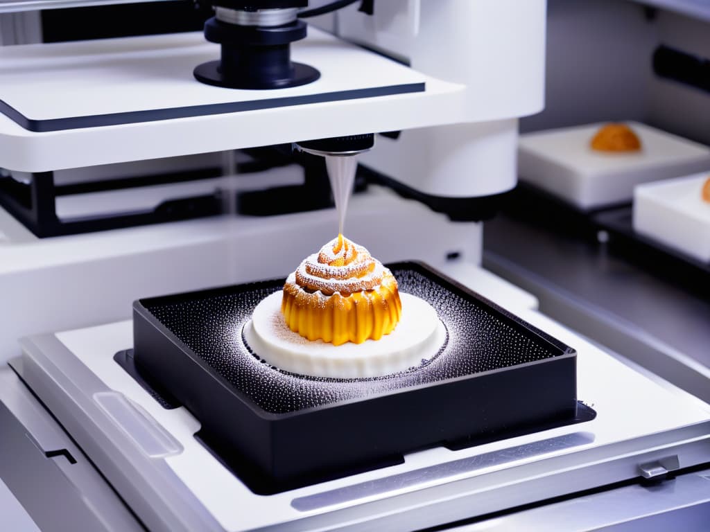  A closeup, ultradetailed 8k image of a sleek, modern 3D printer in action, intricately crafting a customized dessert mold with precision. The printer's nozzle moves gracefully, depositing layers of foodsafe material to form the mold's intricate design, showcasing the cuttingedge technology behind personalized dessert molds. The background is blurred to emphasize the focused, hightech process, creating a visually striking and informative image for the article on creating custom dessert molds with 3D technology. hyperrealistic, full body, detailed clothing, highly detailed, cinematic lighting, stunningly beautiful, intricate, sharp focus, f/1. 8, 85mm, (centered image composition), (professionally color graded), ((bright soft diffused light)), volumetric fog, trending on instagram, trending on tumblr, HDR 4K, 8K