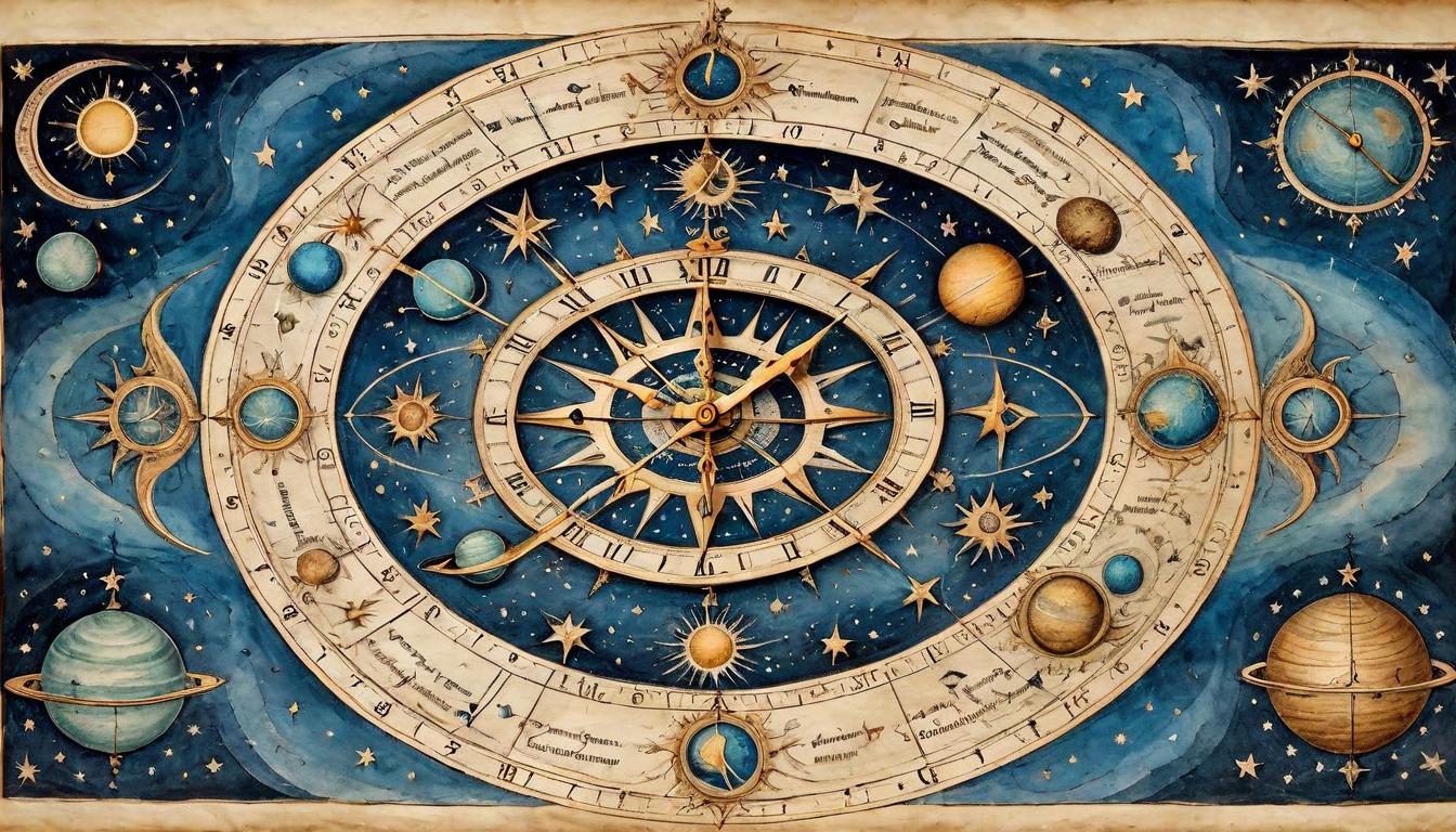  on parchment, surrealism+++, Intricately detailed celestial clock, stars and planets in motion, harmonious, precise(mysterious, provocative, symbolic,muted color)+++