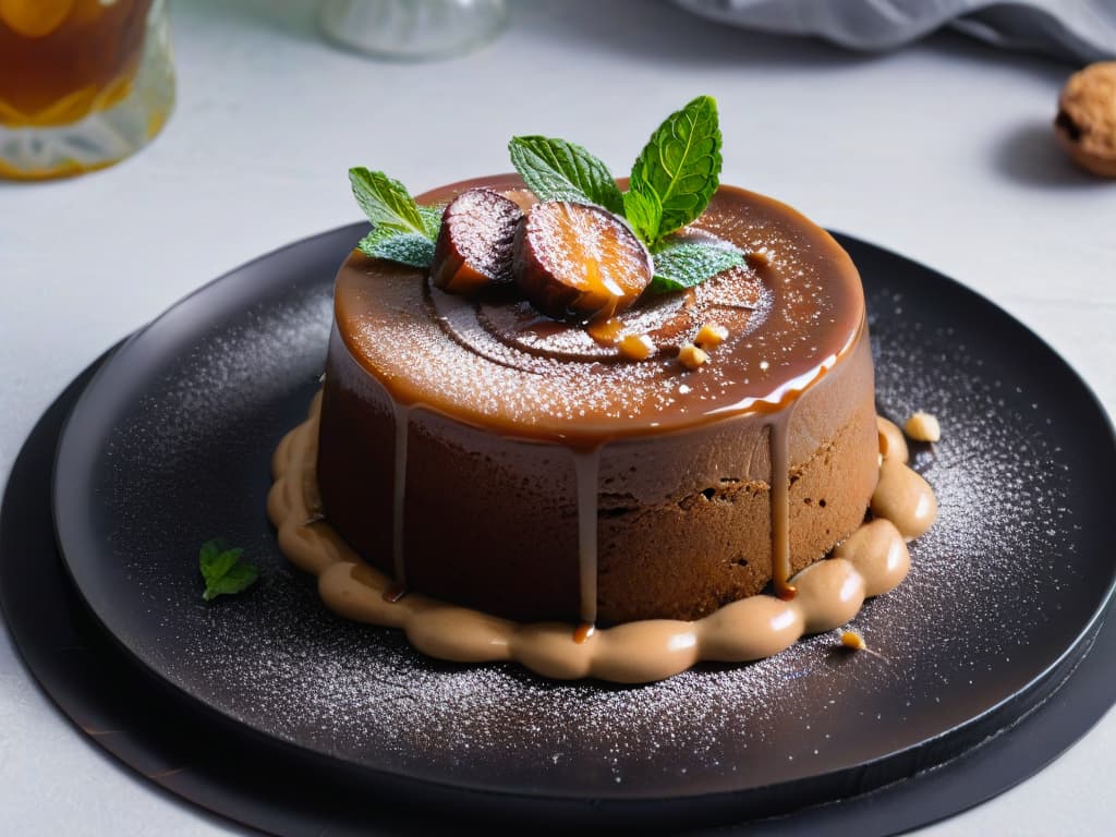  A minimalistic image of a decadent Sticky Date Pudding plated beautifully on a sleek, modern dish. The dessert is garnished with a single elegant sprig of fresh mint, and a drizzle of rich caramel sauce cascades down the side of the pudding, creating a mouthwatering contrast against the dark, moist cake. The background is a soft, blurred gradient that enhances the focus on the dessert, with subtle lighting that highlights the glossy texture of the pudding and the delicate details of the mint leaf. hyperrealistic, full body, detailed clothing, highly detailed, cinematic lighting, stunningly beautiful, intricate, sharp focus, f/1. 8, 85mm, (centered image composition), (professionally color graded), ((bright soft diffused light)), volumetric fog, trending on instagram, trending on tumblr, HDR 4K, 8K