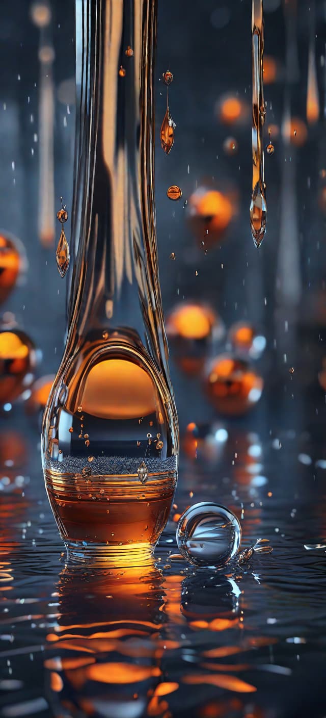  (threeDRender style), water droplets are spread out on the floor and dark background, in the style of filip hodas, dark navy and orange, chrome reflections, josh adamski, harmonious color schemes, modern jewelry, uhd image