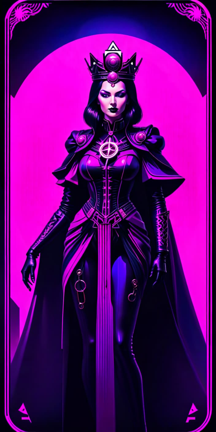  neonpunk style The Pentacles Queen Tarot Card. . cyberpunk, vaporwave, neon, vibes, vibrant, stunningly beautiful, crisp, detailed, sleek, ultramodern, magenta highlights, dark purple shadows, high contrast, cinematic, ultra detailed, intricate, professional hyperrealistic, full body, detailed clothing, highly detailed, cinematic lighting, stunningly beautiful, intricate, sharp focus, f/1. 8, 85mm, (centered image composition), (professionally color graded), ((bright soft diffused light)), volumetric fog, trending on instagram, trending on tumblr, HDR 4K, 8K