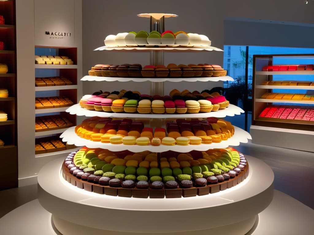  A minimalist, ultradetailed image of a sleek, modern dessert shop interior with shelves of elegantly packaged cultural desserts displayed against a backdrop of soft, ambient lighting, casting intricate shadows on the clean, white walls. The desserts are artfully arranged and include items like macarons, mochi, and fusion pastries, symbolizing the intersection of culinary artistry and cultural merchandising. The overall aesthetic is sophisticated, inviting, and visually captivating, embodying the fusion of traditional desserts with contemporary design elements. hyperrealistic, full body, detailed clothing, highly detailed, cinematic lighting, stunningly beautiful, intricate, sharp focus, f/1. 8, 85mm, (centered image composition), (professionally color graded), ((bright soft diffused light)), volumetric fog, trending on instagram, trending on tumblr, HDR 4K, 8K