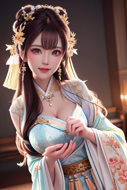  best quality, masterpiece, highres, 1girl,blush,(seductive smile:0.8),star shaped pupils,china hanfu,hair ornament,necklace, jewelry,Beautiful face,upon body, tyndall effect,photorealistic, dark studio, rim lighting, two tone lighting,(high detailed skin:1.2), 8k uhd, dslr, soft lighting, high quality, volumetric lighting, candid, Photograph, high resolution, 4k, 8k, Bokeh hyperrealistic, full body, detailed clothing, highly detailed, cinematic lighting, stunningly beautiful, intricate, sharp focus, f/1. 8, 85mm, (centered image composition), (professionally color graded), ((bright soft diffused light)), volumetric fog, trending on instagram, trending on tumblr, HDR 4K, 8K