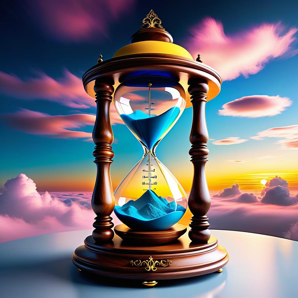  ethereal fantasy concept art of (Hourglass). clock design: wooden carved case covered with lacquer. Bowls of transparent glass. The top bowl of the clock shows the rising sun. Around the sun is a blue sky and white, golden pink clouds. (In the lower bowl of the clock): night, dark blue sky with a bright yellow month with a silvery cast. Under the sky are mountains covered with blue white snow, shimmering with different colours of the rainbow. Background: gradient: in the lower part of the background the structure of sand. In the upper part of the background perispherical clouds in the blue sky. Style: philosophical romantic fantasy. . magnificent, celestial, ethereal, painterly, epic, majestic, magical, fantasy art, cover art, dreamy hyperrealistic, full body, detailed clothing, highly detailed, cinematic lighting, stunningly beautiful, intricate, sharp focus, f/1. 8, 85mm, (centered image composition), (professionally color graded), ((bright soft diffused light)), volumetric fog, trending on instagram, trending on tumblr, HDR 4K, 8K