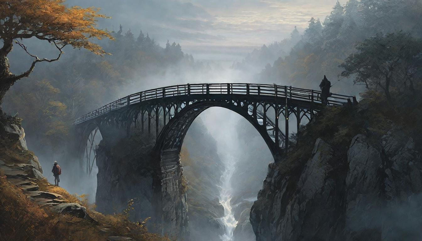  （surrealism)+++Delicate bridges spanning over misty ravines, symbolizing vulnerability and connection, each bridge unique but sturdy, path of courage, threshold of growth looking at viewer,(intricate details, masterpiece, best quality)++