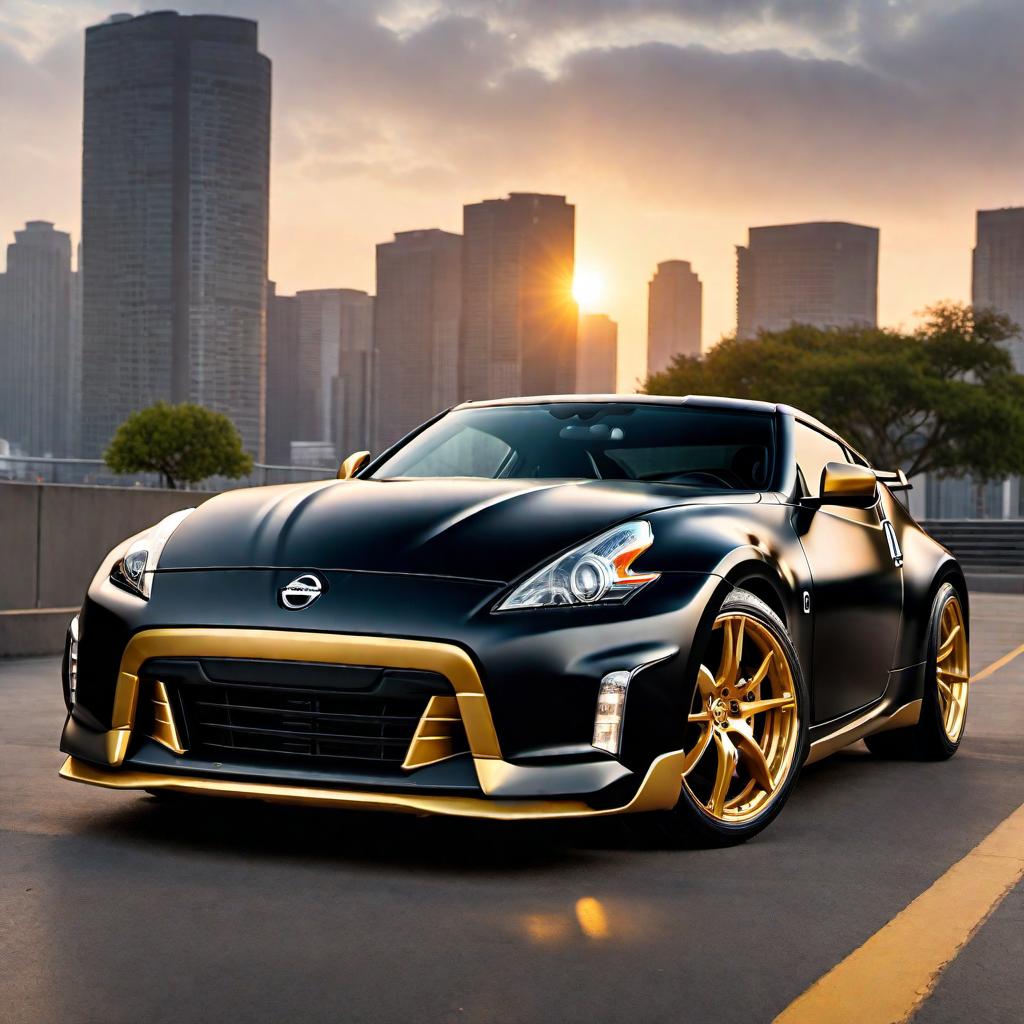  Create an image of a Nissan 370Z sports car with a matte black base and gold trim. The car should be fitted with a carbon fiber hood, a modern sleek spoiler, and high-performance racing rims. hyperrealistic, full body, detailed clothing, highly detailed, cinematic lighting, stunningly beautiful, intricate, sharp focus, f/1. 8, 85mm, (centered image composition), (professionally color graded), ((bright soft diffused light)), volumetric fog, trending on instagram, trending on tumblr, HDR 4K, 8K