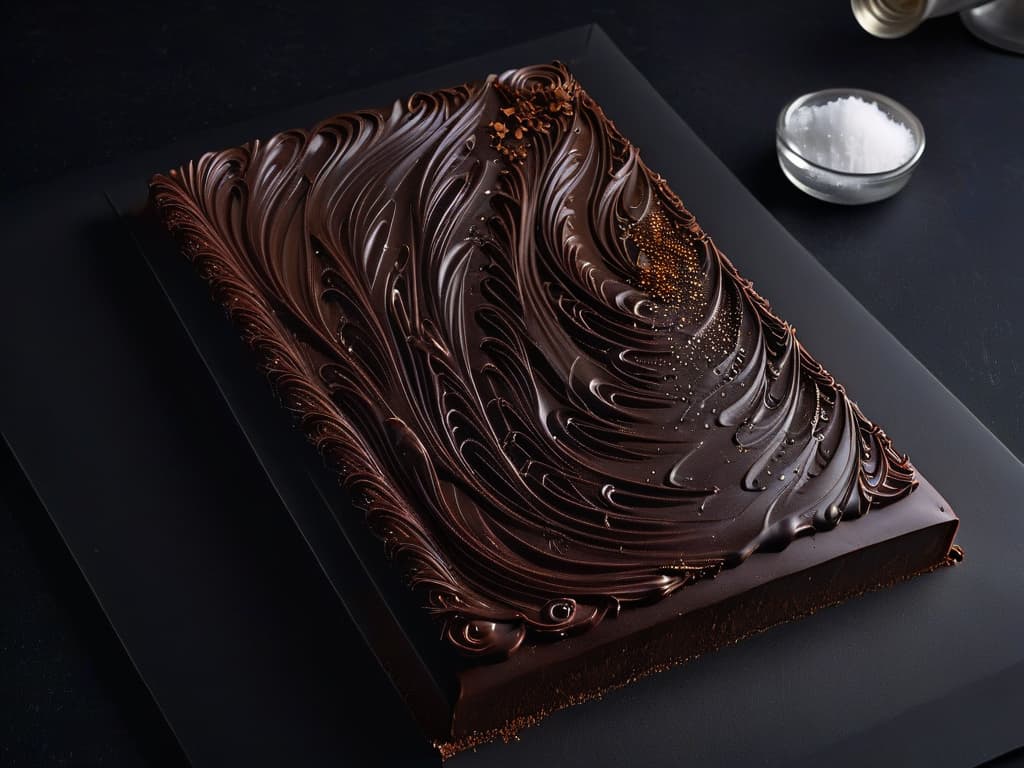  An ultradetailed closeup image of a handcrafted artisanal chocolate tablet, showcasing intricate swirls of dark and milk chocolate elegantly blending together, with a sprinkle of sea salt flakes on top, set against a sleek, matte black backdrop to enhance the luxurious and minimalistic aesthetic. hyperrealistic, full body, detailed clothing, highly detailed, cinematic lighting, stunningly beautiful, intricate, sharp focus, f/1. 8, 85mm, (centered image composition), (professionally color graded), ((bright soft diffused light)), volumetric fog, trending on instagram, trending on tumblr, HDR 4K, 8K