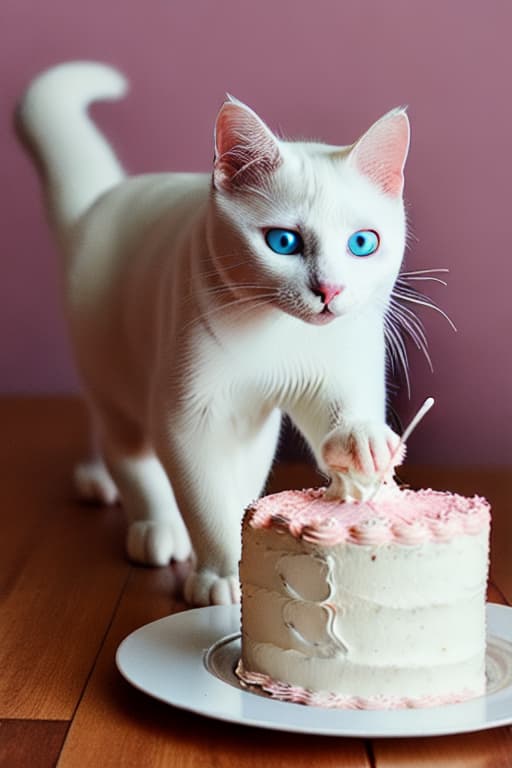  A white cat eating cake