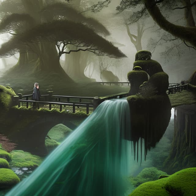  masterpiece, best quality, A lone traveler stands on a moss covered stone bridge, surrounded by towering ancient trees. The misty forest engulfs them, creating an enchanting and mysterious atmosphere. The scene is captured in a beautifully composed photograph, with a focus on the traveler's silhouette against the lush greenery. The lighting is soft and diffused, illuminating the scene with a gentle glow. Shot with a vintage film camera, the photograph has a nostalgic and dreamlike quality, reminiscent of a forgotten fairytale.