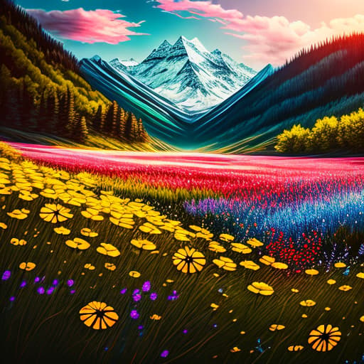 IN THE STYLE OF <MAGIFACTORY> Immerse yourself in the breathtaking beauty of nature with this mesmerizing field of wildflowers and majestic mountain backdrop