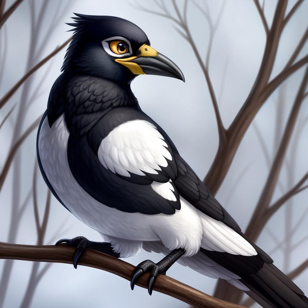  yellow-billed magpie, holarctic magpie, magpie (corvid) , azukipuddles, open eyes, digital art, masterpiece, 4k, fine details,