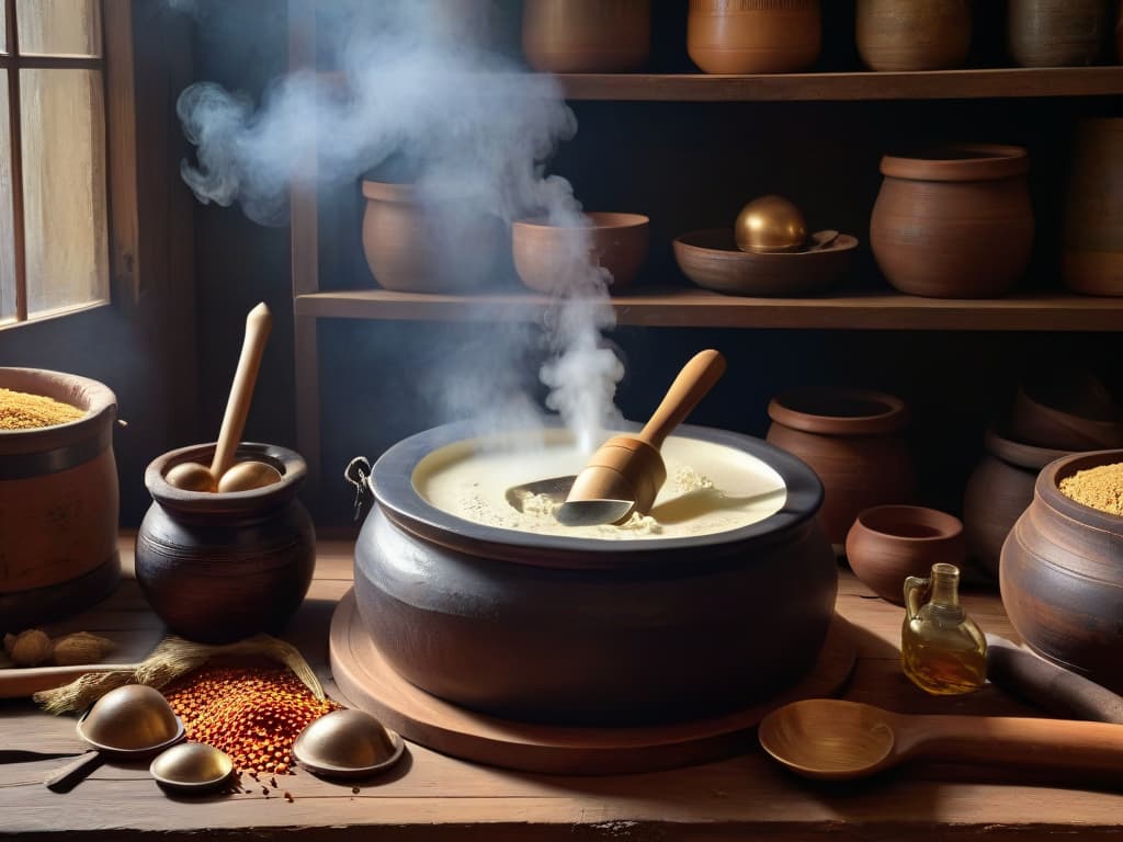  An ultradetailed image of a rustic wooden table adorned with an assortment of ancient fermentation tools, including clay pots, wooden barrels, and handcarved spoons. The soft light from a nearby window casts gentle shadows, highlighting the intricate textures of the aged wood and clay. A subtle haze of steam rises from a bubbling pot of fermenting dough, infusing the scene with a sense of ancient culinary magic and tradition. hyperrealistic, full body, detailed clothing, highly detailed, cinematic lighting, stunningly beautiful, intricate, sharp focus, f/1. 8, 85mm, (centered image composition), (professionally color graded), ((bright soft diffused light)), volumetric fog, trending on instagram, trending on tumblr, HDR 4K, 8K