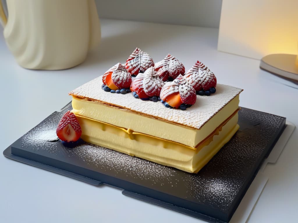  An ultradetailed, 8k resolution image depicting a beautifully plated dessert that combines elements of French patisserie with Japanese precision and aesthetics. The dessert is a modern twist on the classic millefeuille, featuring delicate layers of matchainfused puff pastry, yuzuflavored cream, and edible gold leaf garnish. The dessert is set against a sleek, black slate plate, with a dusting of powdered sugar creating an elegant contrast. The lighting is soft and focused, highlighting the intricate layers and textures of the dessert, while the background remains blurred to enhance the minimalistic feel of the image. hyperrealistic, full body, detailed clothing, highly detailed, cinematic lighting, stunningly beautiful, intricate, sharp focus, f/1. 8, 85mm, (centered image composition), (professionally color graded), ((bright soft diffused light)), volumetric fog, trending on instagram, trending on tumblr, HDR 4K, 8K