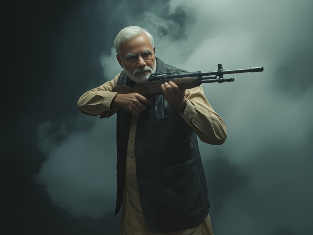  narendra modi with gun 🔫🔫 hyperrealistic, full body, detailed clothing, highly detailed, cinematic lighting, stunningly beautiful, intricate, sharp focus, f/1. 8, 85mm, (centered image composition), (professionally color graded), ((bright soft diffused light)), volumetric fog, trending on instagram, trending on tumblr, HDR 4K, 8K