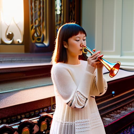  girl playing the trumpet hyperrealistic, full body, detailed clothing, highly detailed, cinematic lighting, stunningly beautiful, intricate, sharp focus, f/1. 8, 85mm, (centered image composition), (professionally color graded), ((bright soft diffused light)), volumetric fog, trending on instagram, trending on tumblr, HDR 4K, 8K
