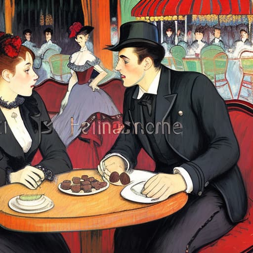  attractive young Parisian couple dressed in modern designer outfits who are romantically together in Paris. Foreground a small plate of fine dark chocolates on a small wooden table. Background dusk with a light of the inside the Moulin Rouge with dancers dancing. Painting style of Henri de Toulouse-Lautrec