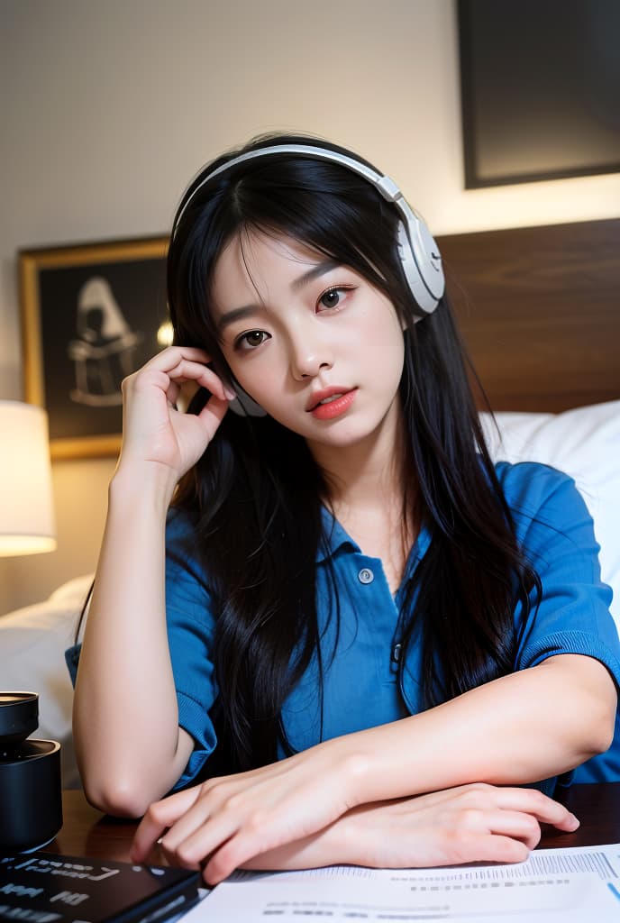  woman laying in with headphones on her head, listening to music at 2 am, artwork in the style of guweiz, with headphones, wearing headphones, listening to music, very beautiful cute cat, guweiz masterpiece, wearing headphones, beautiful soft lighting, she is in pure bliss, ilya kuvshinov. 4 k, ADVERTISING PHOTO,high quality, good proportion, masterpiece , The image is captured with an 8k camera and edited using the latest digital tools to produce a flawless final result.