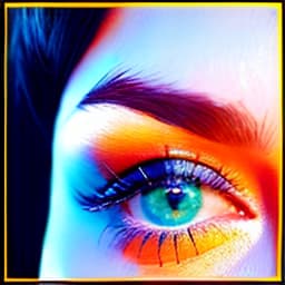  A woman's face with a blue and orange background and a yellow and orange background Apply the Following Styles: Anime hyperrealistic, full body, detailed clothing, highly detailed, cinematic lighting, stunningly beautiful, intricate, sharp focus, f/1. 8, 85mm, (centered image composition), (professionally color graded), ((bright soft diffused light)), volumetric fog, trending on instagram, trending on tumblr, HDR 4K, 8K