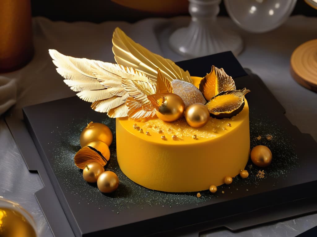  An ultradetailed closeup image of a golden snitchinspired dessert, featuring intricate wing details made of edible gold leaf, set against a sleek black plate for contrast. The dessert is delicately dusted with shimmering edible glitter, and the background is softly blurred to make the dessert the focal point, creating a visually striking and minimalistic composition. hyperrealistic, full body, detailed clothing, highly detailed, cinematic lighting, stunningly beautiful, intricate, sharp focus, f/1. 8, 85mm, (centered image composition), (professionally color graded), ((bright soft diffused light)), volumetric fog, trending on instagram, trending on tumblr, HDR 4K, 8K