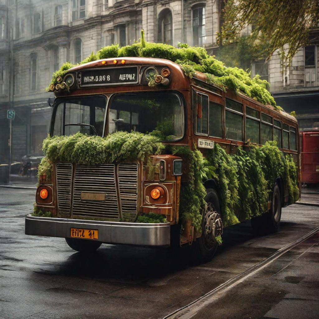  A citybus made of plants hyperrealistic, full body, detailed clothing, highly detailed, cinematic lighting, stunningly beautiful, intricate, sharp focus, f/1. 8, 85mm, (centered image composition), (professionally color graded), ((bright soft diffused light)), volumetric fog, trending on instagram, trending on tumblr, HDR 4K, 8K