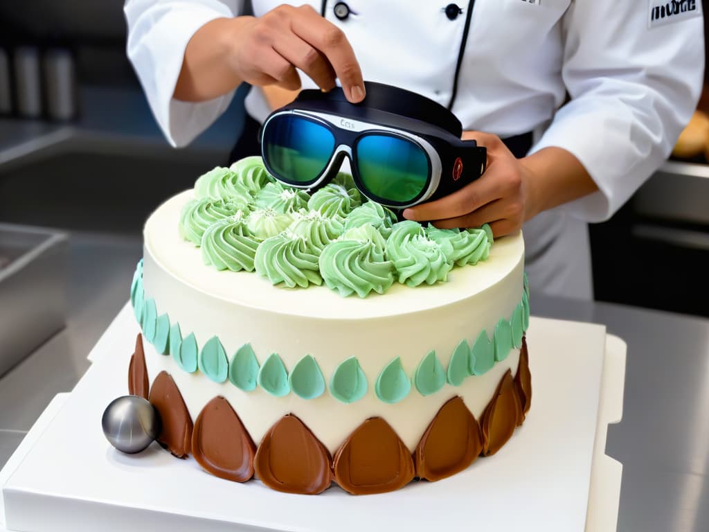  A highresolution, minimalist image showing a detailed closeup of a chef's hands using augmented reality glasses while decorating an intricately designed cake with virtual elements like digital frosting and decorations. The focus is on the chef's precise movements and the seamless integration of digital and physical elements in the culinary creation process. The background is blurred to emphasize the cuttingedge technology and professional expertise in the field of augmented reality culinary education. hyperrealistic, full body, detailed clothing, highly detailed, cinematic lighting, stunningly beautiful, intricate, sharp focus, f/1. 8, 85mm, (centered image composition), (professionally color graded), ((bright soft diffused light)), volumetric fog, trending on instagram, trending on tumblr, HDR 4K, 8K