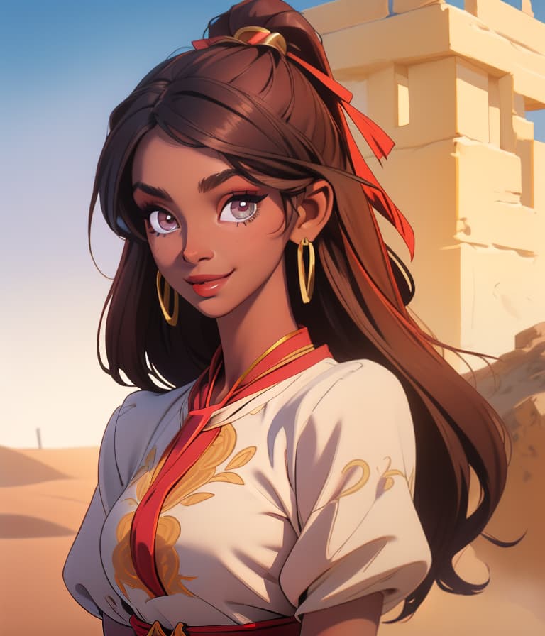  (masterpiece, best quality), beautiful face, detailed face, delicate makeup, (dark-skinned female), sunshine smile, intricate, traditional clothes, desert, bracelet, town, hair ornament, jewelry, leaning back, looking at viewer, upper body, plateau, sandstorm