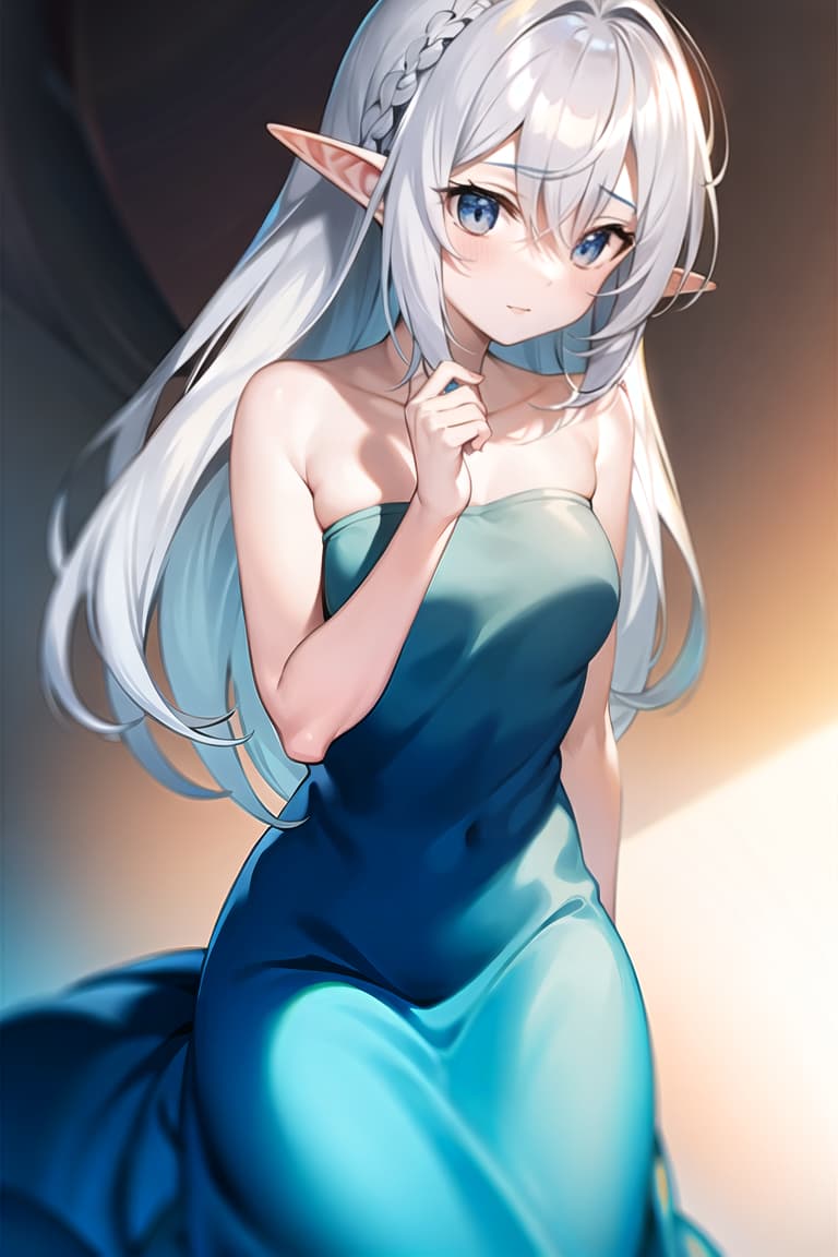  master piece , best quality,Naked White hair Elf Blue hair