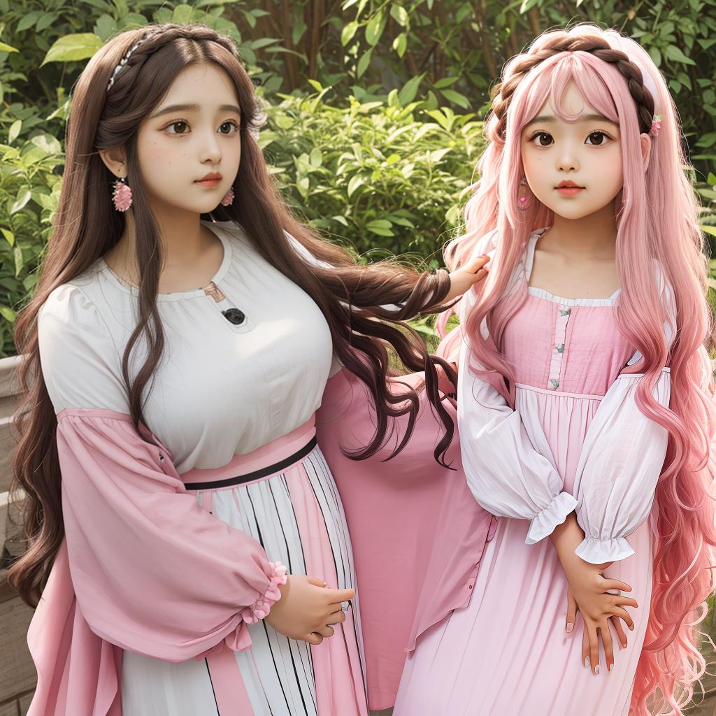  masterpiece, best quality,brown chubby wearing a white maxi and a pink cute top. long black wavy hair with accessories ,