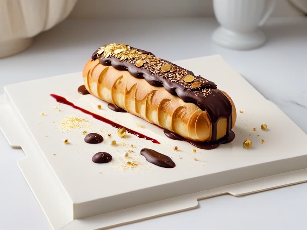  A closeup, ultradetailed image of a perfectly crafted, glossy chocolate éclair topped with delicate gold flakes, resting on a sleek, modern white plate. The éclair is adorned with a single fresh raspberry, its deep red hue contrasting beautifully with the rich brown of the chocolate. The plate sits on a marble countertop, with soft, natural light filtering in, casting gentle shadows that highlight the exquisite details of the dessert. hyperrealistic, full body, detailed clothing, highly detailed, cinematic lighting, stunningly beautiful, intricate, sharp focus, f/1. 8, 85mm, (centered image composition), (professionally color graded), ((bright soft diffused light)), volumetric fog, trending on instagram, trending on tumblr, HDR 4K, 8K