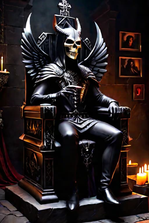  horror style: frontal lighting, inscription (error 404), black angel, demon, scary animal face instead of a face, terrible mouth, dark body art, glowing eyes, sits with one leg tucked under him, throne of bones, dark style sign with inscription (404), epic, high detail, 8k, photorealism, dark atmosphere, coffin, candles, candelabra, chains hanging on the wall, cute, hyper detail, full HD hyperrealistic, full body, detailed clothing, highly detailed, cinematic lighting, stunningly beautiful, intricate, sharp focus, f/1. 8, 85mm, (centered image composition), (professionally color graded), ((bright soft diffused light)), volumetric fog, trending on instagram, trending on tumblr, HDR 4K, 8K
