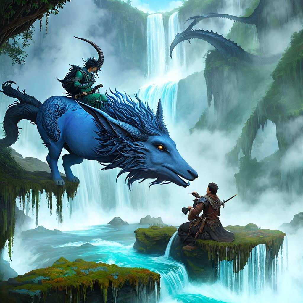  in a fantasy setting, Paint a surreal landscape where mythical beasts roam amidst cascading waterfalls.